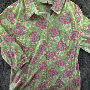 Duck Head Medium Women Button Up Floral Shirt Green Pink 1/2 Sleeve Stretch